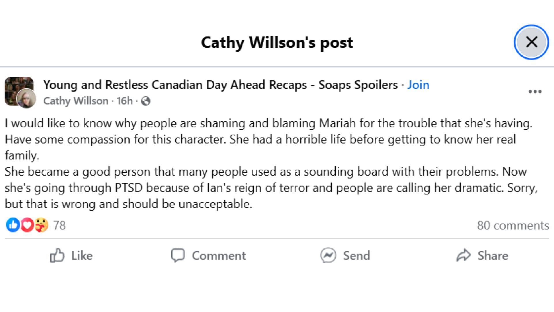 The Original Post by the fan (Image via Facebook/ @Cathy Willson)